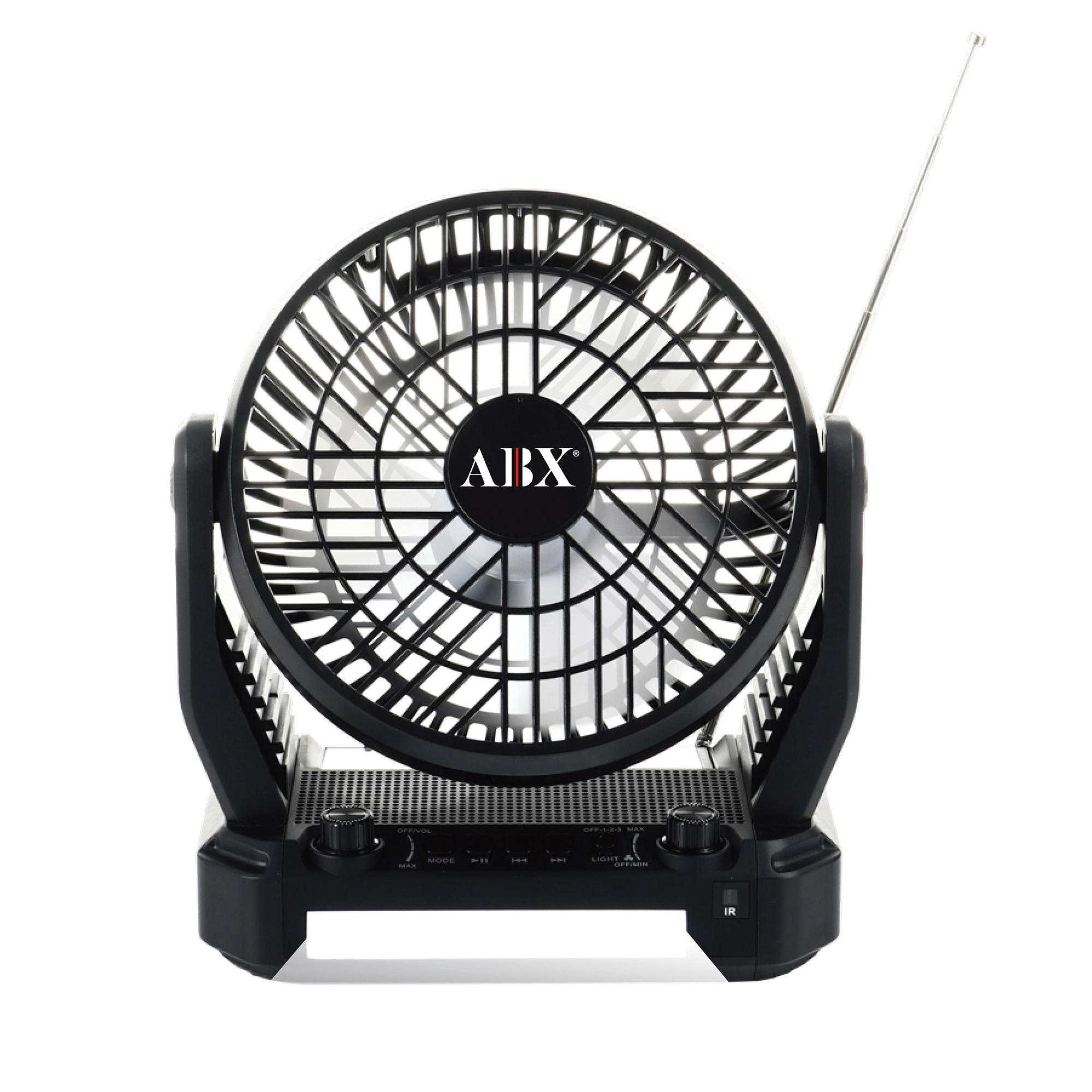 Audiobox RXF-40 Portable Solar-Rechargeable Fan — 3-Speed, 3in., Bluetooth Speaker, LED Torch Light, Black, Model# RXF-40